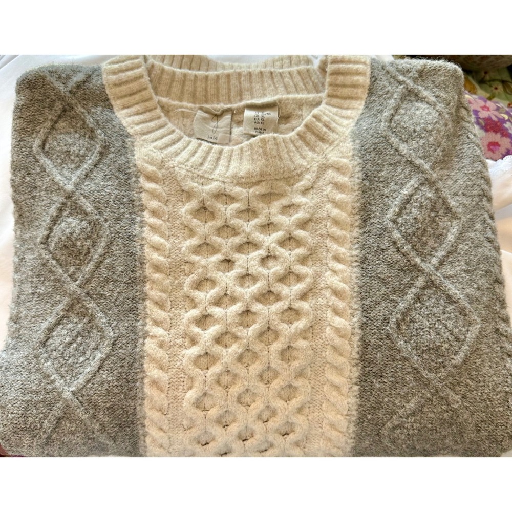 Joie Womens XL Grey Cream Colorblock Cable Knit Sweater/Cozy/Fall/Preppy/Office